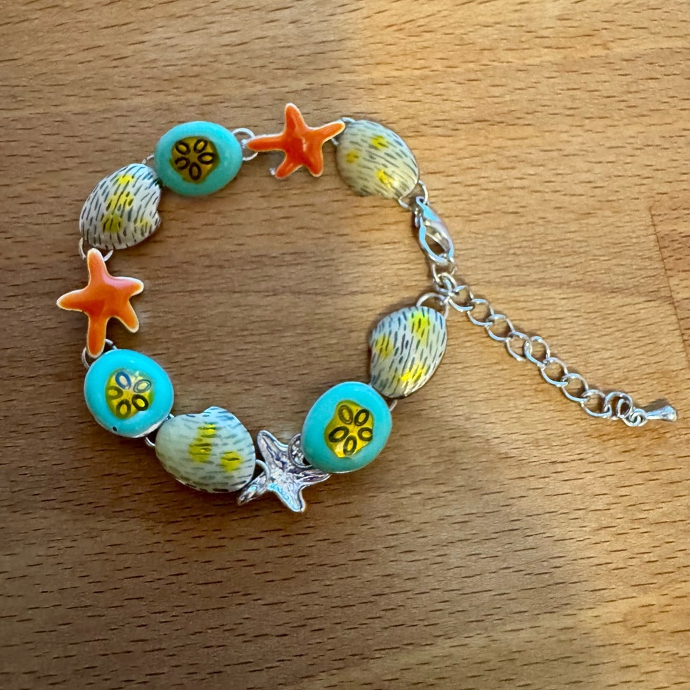Beach Starfish Sand Dollar Enamel Bracelet Silver Tone Adjust. Coastal Jewelry